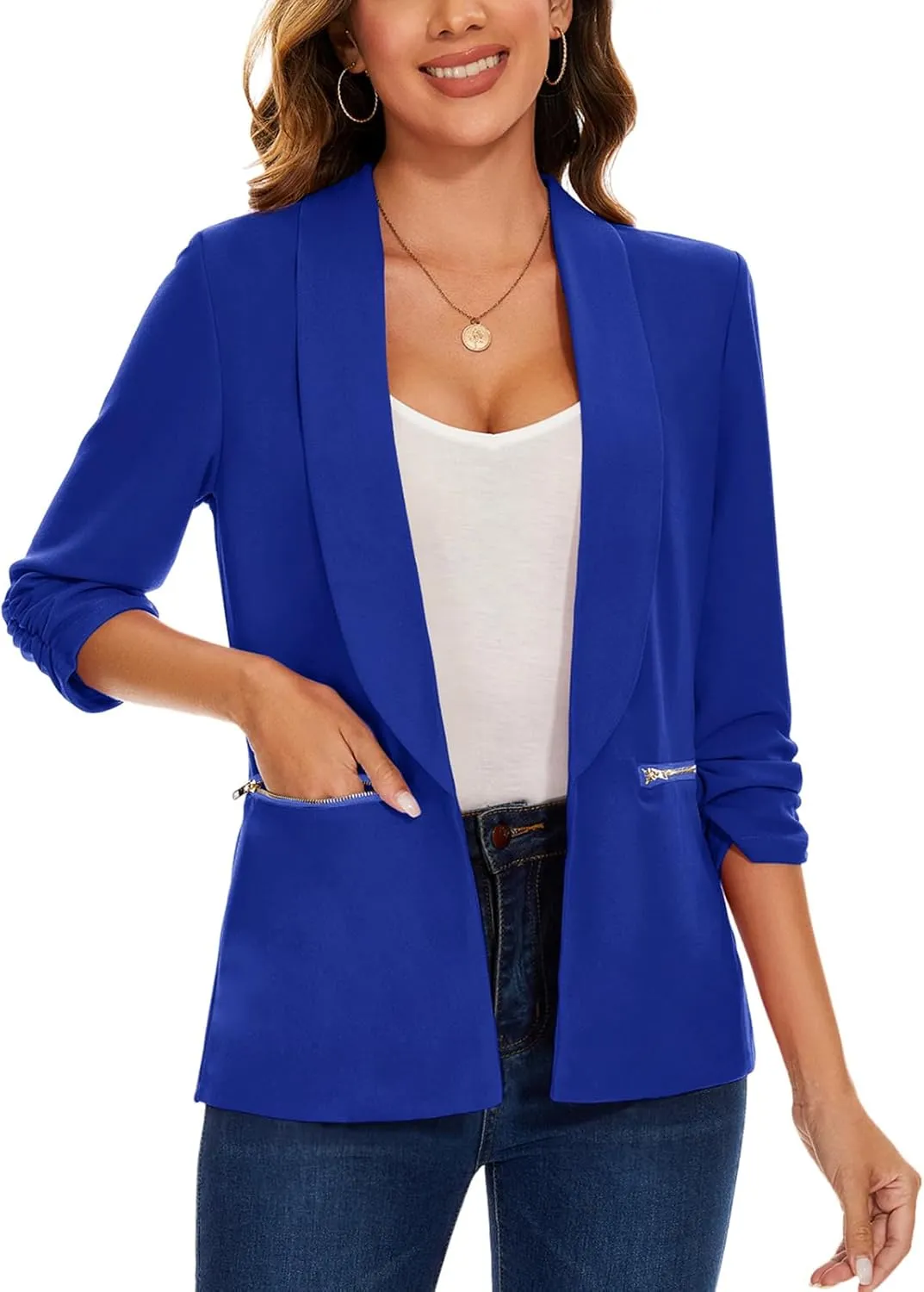 MINTLIMIT Womens Casual Blazer 3/4 Ruched Sleeve Open Front Cardigan Work Office Blazers Suit Jackets with Zipper Pockets