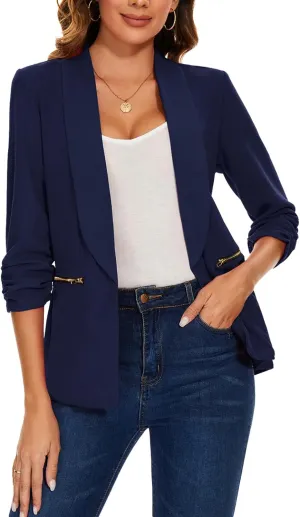 MINTLIMIT Womens Casual Blazer 3/4 Ruched Sleeve Open Front Cardigan Work Office Blazers Suit Jackets with Zipper Pockets