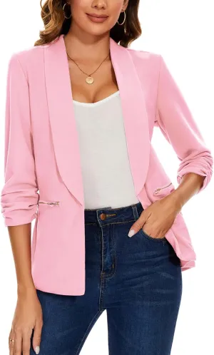 MINTLIMIT Womens Casual Blazer 3/4 Ruched Sleeve Open Front Cardigan Work Office Blazers Suit Jackets with Zipper Pockets