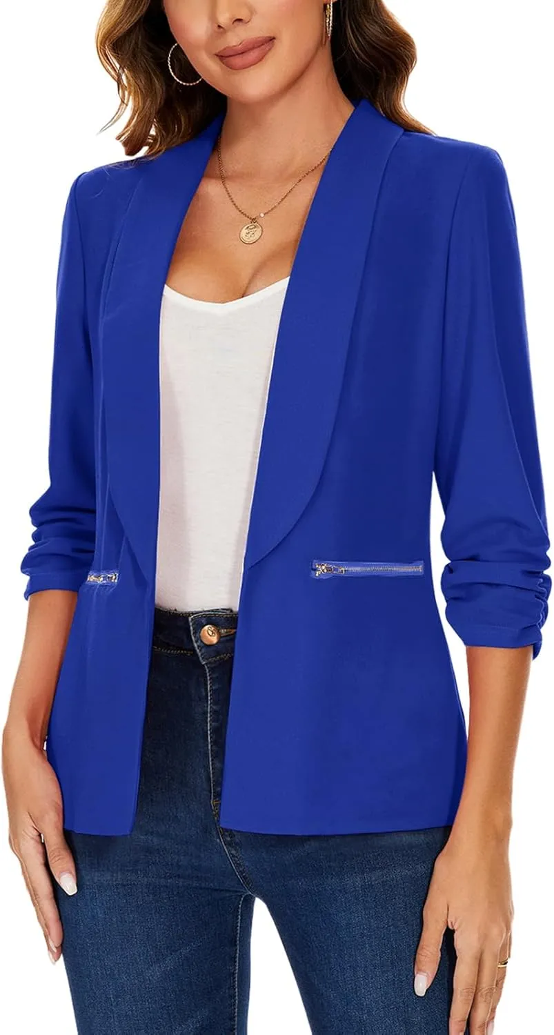 MINTLIMIT Womens Casual Blazer 3/4 Ruched Sleeve Open Front Cardigan Work Office Blazers Suit Jackets with Zipper Pockets