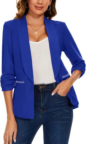 MINTLIMIT Womens Casual Blazer 3/4 Ruched Sleeve Open Front Cardigan Work Office Blazers Suit Jackets with Zipper Pockets