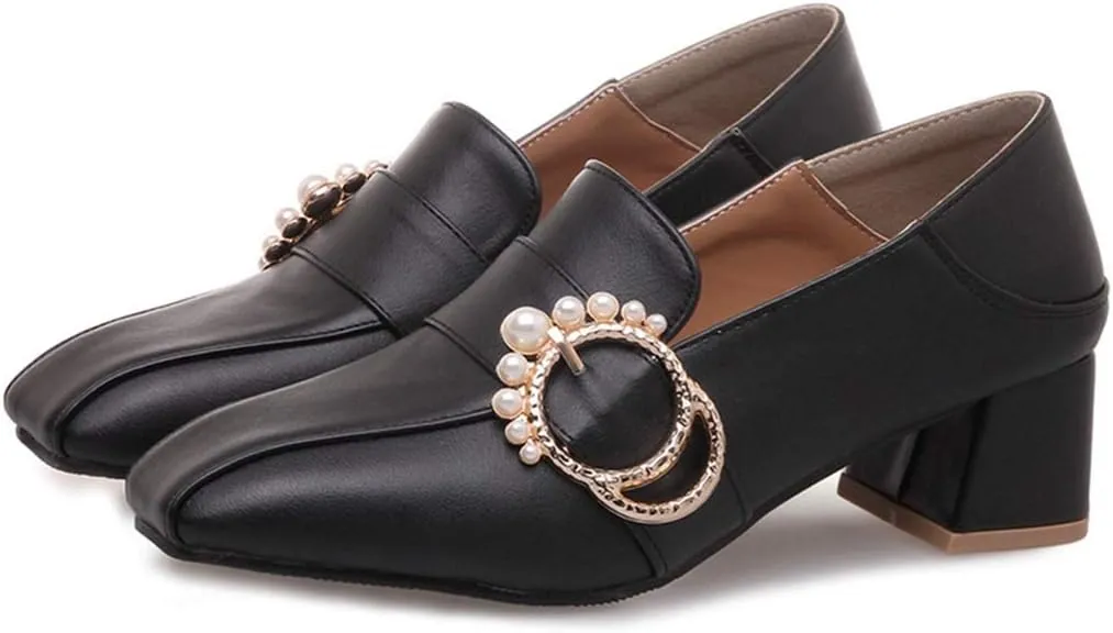 MIOKE Women's Square Toe Pump Loafers Slip-On Pearls Buckle Comfy Chunky Mid Heel Office Work Dress Shoes