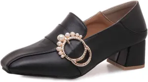 MIOKE Women's Square Toe Pump Loafers Slip-On Pearls Buckle Comfy Chunky Mid Heel Office Work Dress Shoes