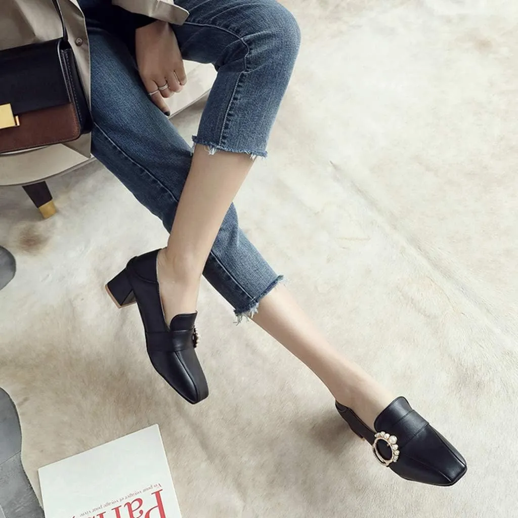 MIOKE Women's Square Toe Pump Loafers Slip-On Pearls Buckle Comfy Chunky Mid Heel Office Work Dress Shoes