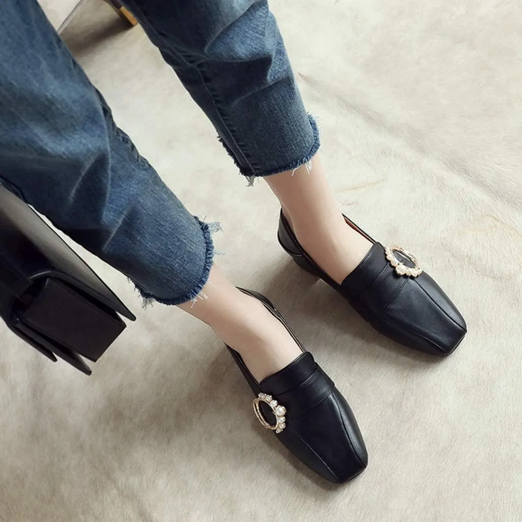 MIOKE Women's Square Toe Pump Loafers Slip-On Pearls Buckle Comfy Chunky Mid Heel Office Work Dress Shoes