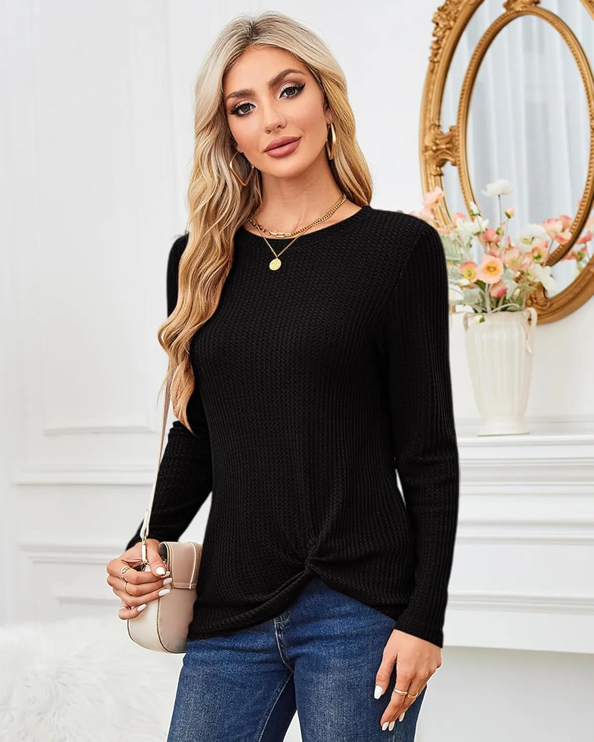 MISFAY Womens Casual Top Long Sleeve Cute Twist Knot Waffle Knit Shirts Tops