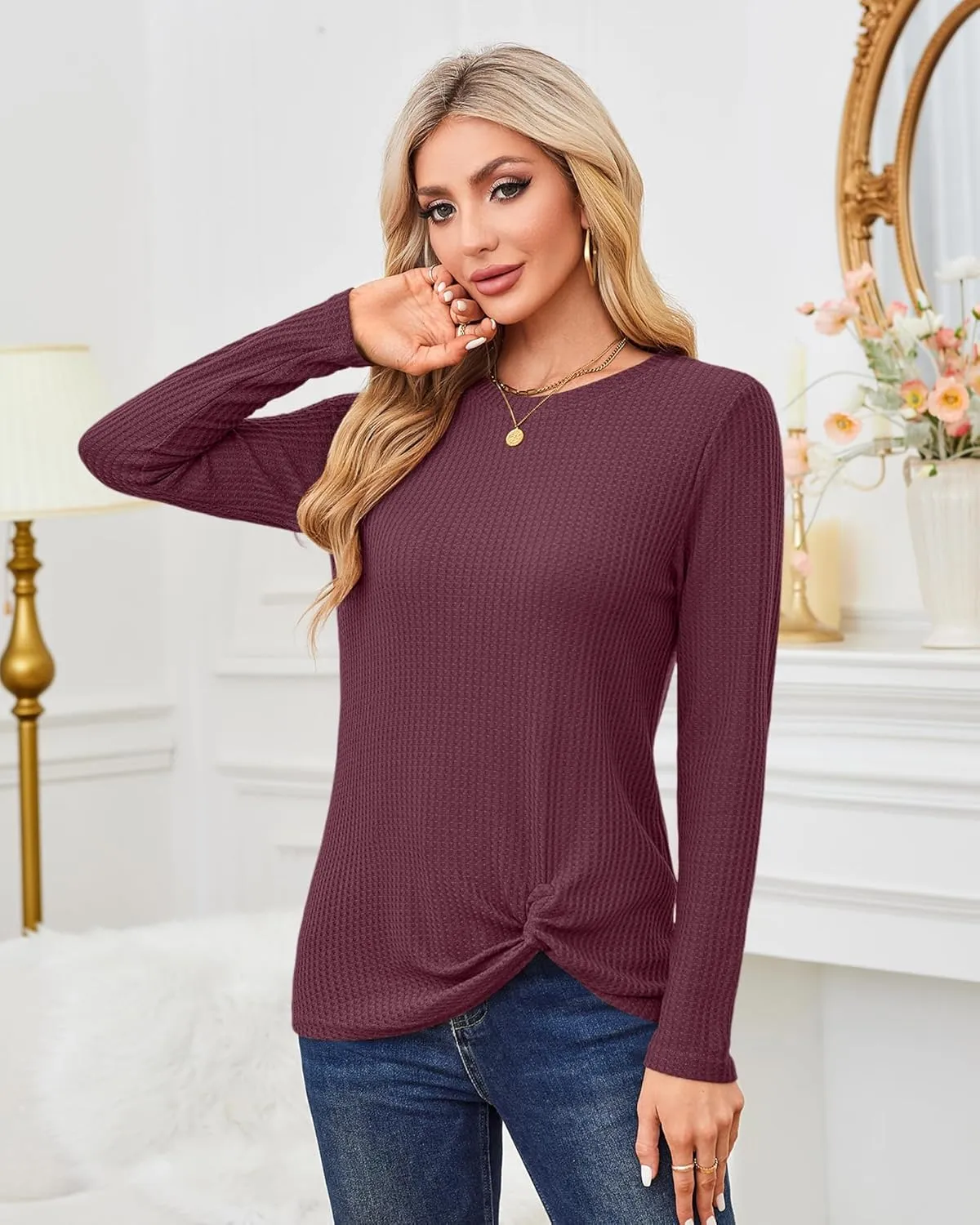 MISFAY Womens Casual Top Long Sleeve Cute Twist Knot Waffle Knit Shirts Tops