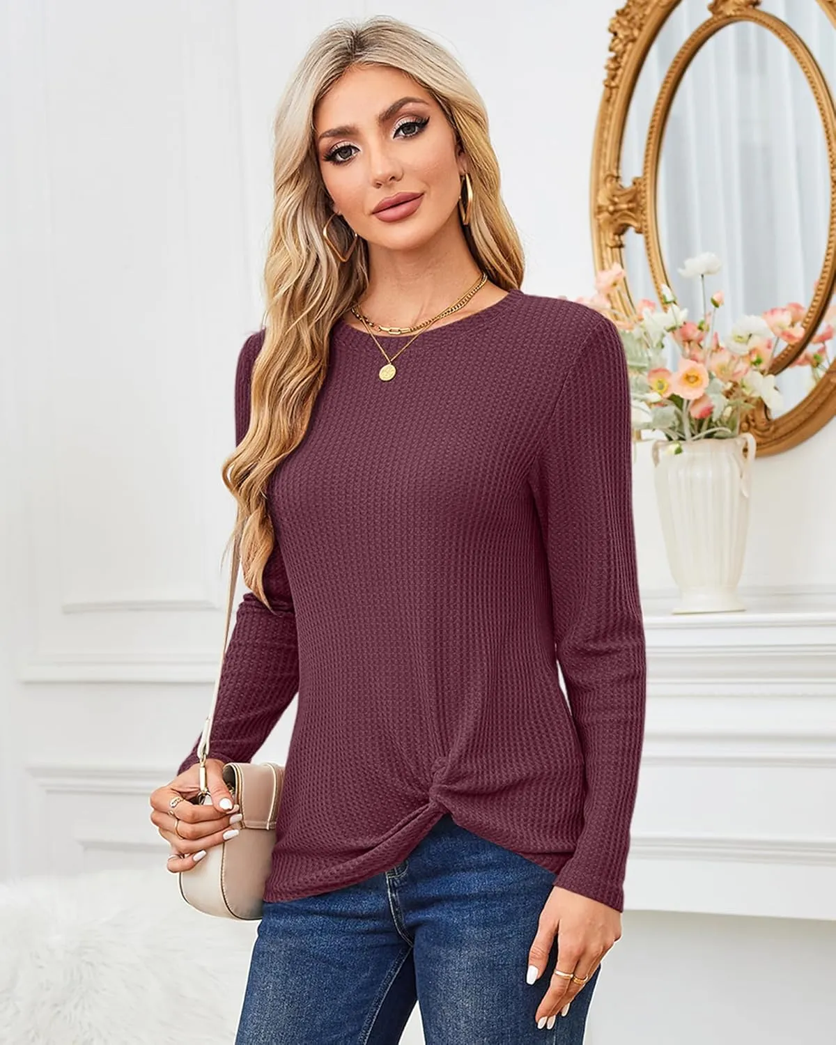 MISFAY Womens Casual Top Long Sleeve Cute Twist Knot Waffle Knit Shirts Tops