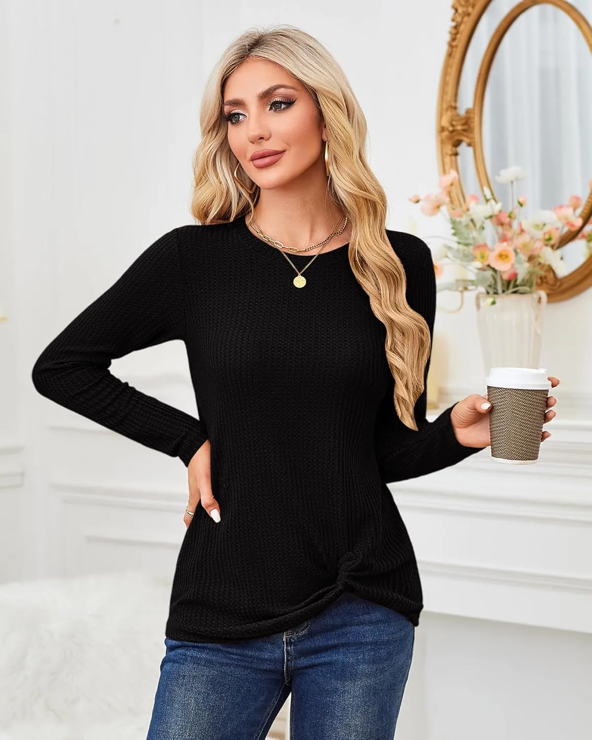 MISFAY Womens Casual Top Long Sleeve Cute Twist Knot Waffle Knit Shirts Tops