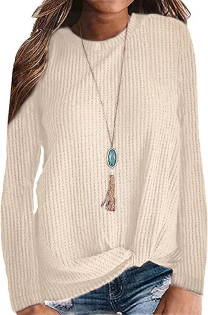 MISFAY Womens Casual Top Long Sleeve Cute Twist Knot Waffle Knit Shirts Tops