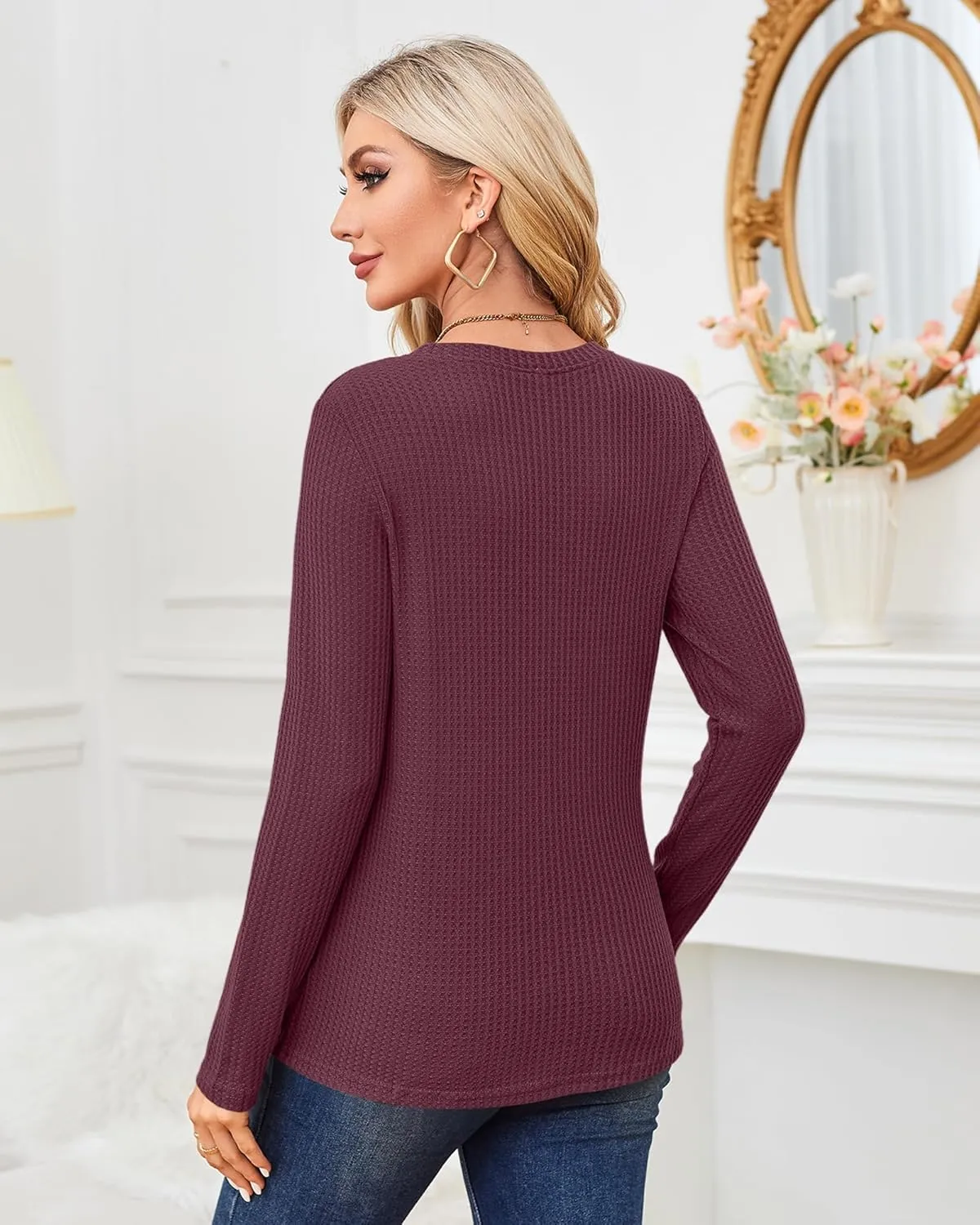 MISFAY Womens Casual Top Long Sleeve Cute Twist Knot Waffle Knit Shirts Tops