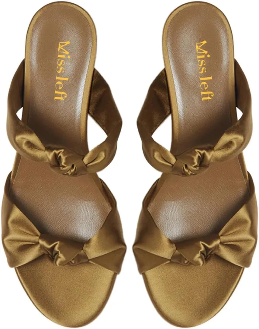 miss left Women Stylish Open Toe Two Knotted Straps Mules Comfoy Low Heel Slip on Summer Casual Daily Slide Sandals Size 4-16 US