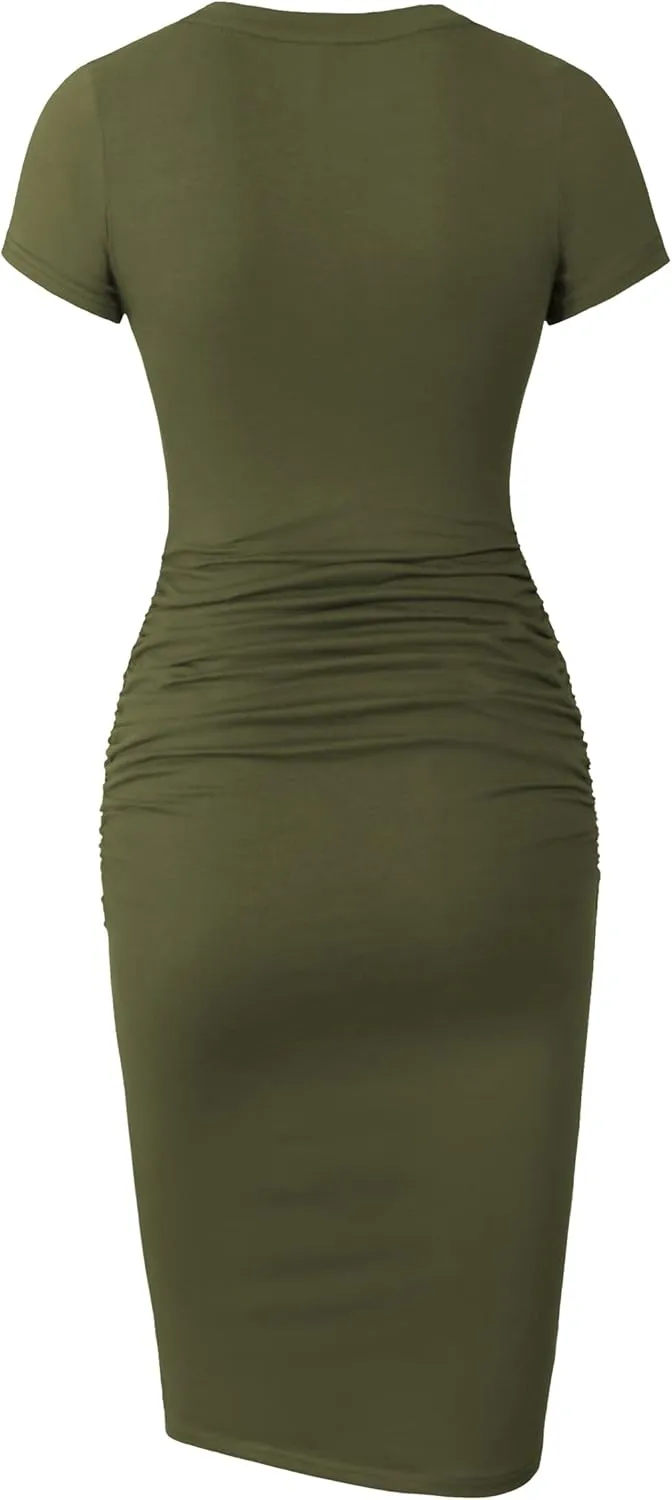 Missufe Women's Short Sleeve Ruched Casual Sundress Midi Bodycon T Shirt Dress