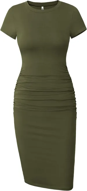 Missufe Women's Short Sleeve Ruched Casual Sundress Midi Bodycon T Shirt Dress