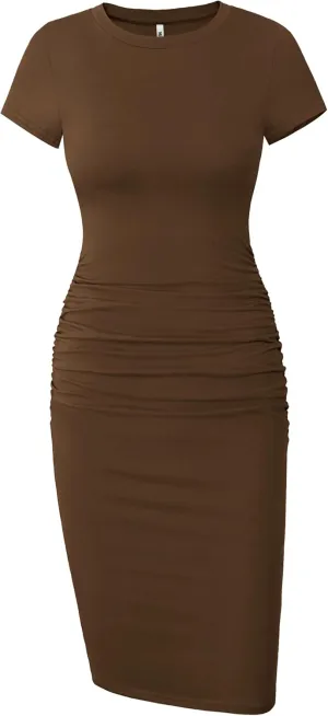 Missufe Women's Short Sleeve Ruched Casual Sundress Midi Bodycon T Shirt Dress