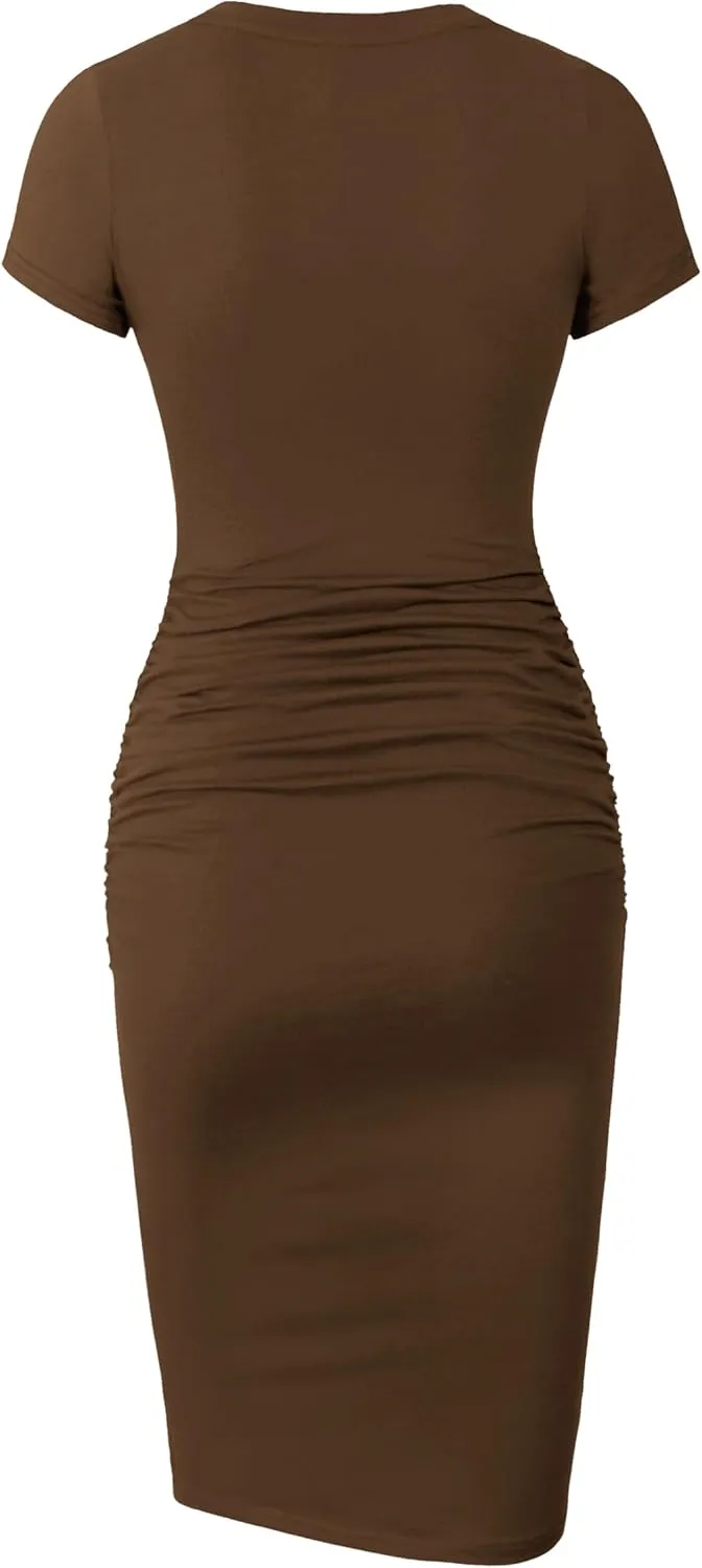 Missufe Women's Short Sleeve Ruched Casual Sundress Midi Bodycon T Shirt Dress