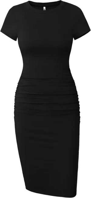 Missufe Women's Short Sleeve Ruched Casual Sundress Midi Bodycon T Shirt Dress