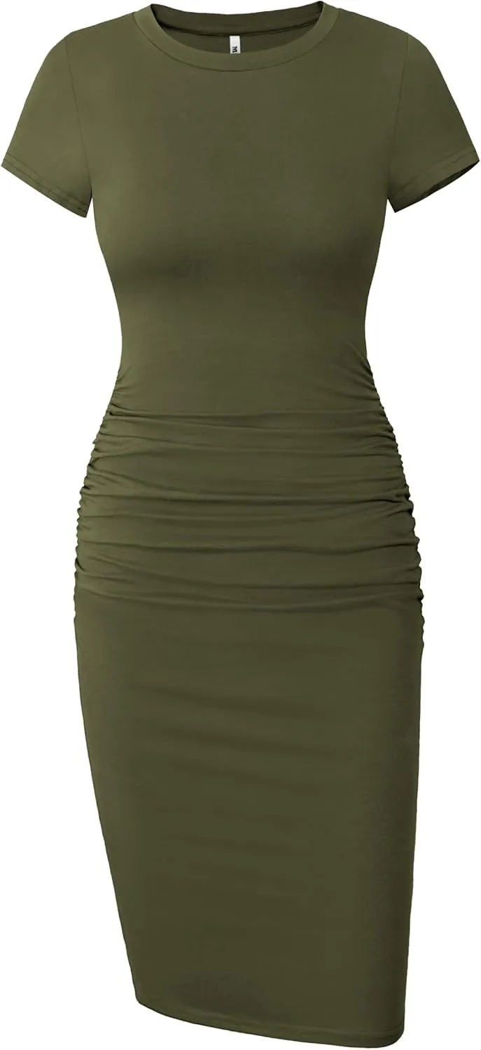 Missufe Women's Short Sleeve Ruched Casual Sundress Midi Bodycon T Shirt Dress