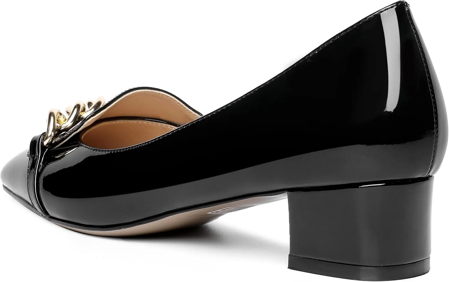 MOVINSTEPS Womens Square Toe Patent Metal Chain Office Slip On Loafers Dress Chunky Low Heel Pumps Shoes 1.5 Inch