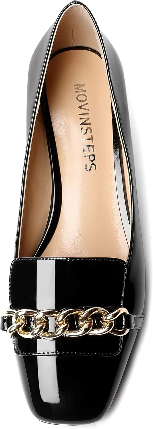 MOVINSTEPS Womens Square Toe Patent Metal Chain Office Slip On Loafers Dress Chunky Low Heel Pumps Shoes 1.5 Inch