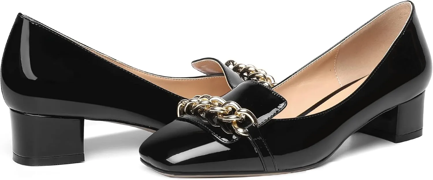 MOVINSTEPS Womens Square Toe Patent Metal Chain Office Slip On Loafers Dress Chunky Low Heel Pumps Shoes 1.5 Inch