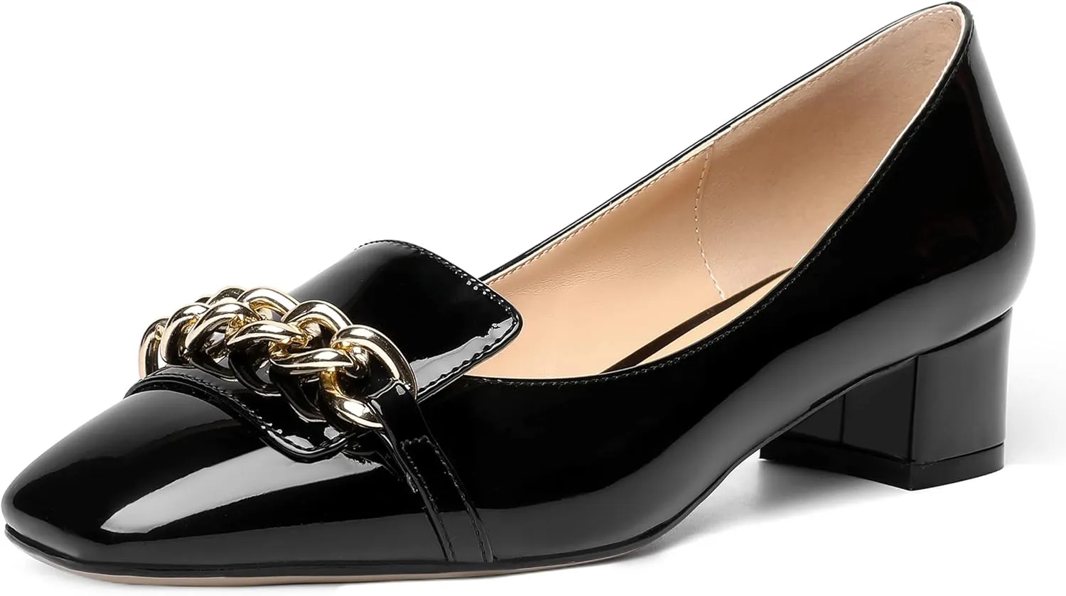 MOVINSTEPS Womens Square Toe Patent Metal Chain Office Slip On Loafers Dress Chunky Low Heel Pumps Shoes 1.5 Inch