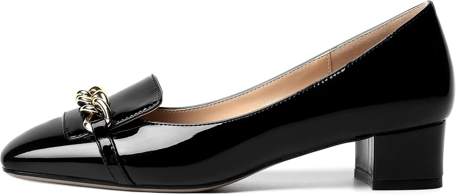 MOVINSTEPS Womens Square Toe Patent Metal Chain Office Slip On Loafers Dress Chunky Low Heel Pumps Shoes 1.5 Inch