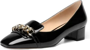 MOVINSTEPS Womens Square Toe Patent Metal Chain Office Slip On Loafers Dress Chunky Low Heel Pumps Shoes 1.5 Inch