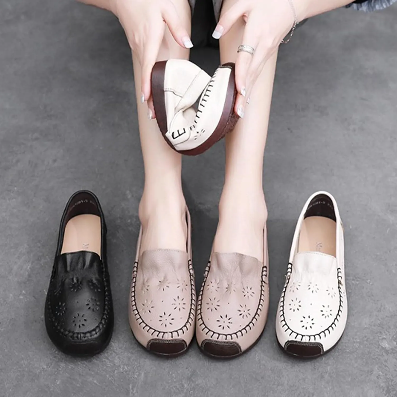 MOYOWEI Women's Leather Ruched Dress Flats Shoes,Summer/Fall Vintage Comfort Non-slip Softsole Oxford Casual Walking Loafers
