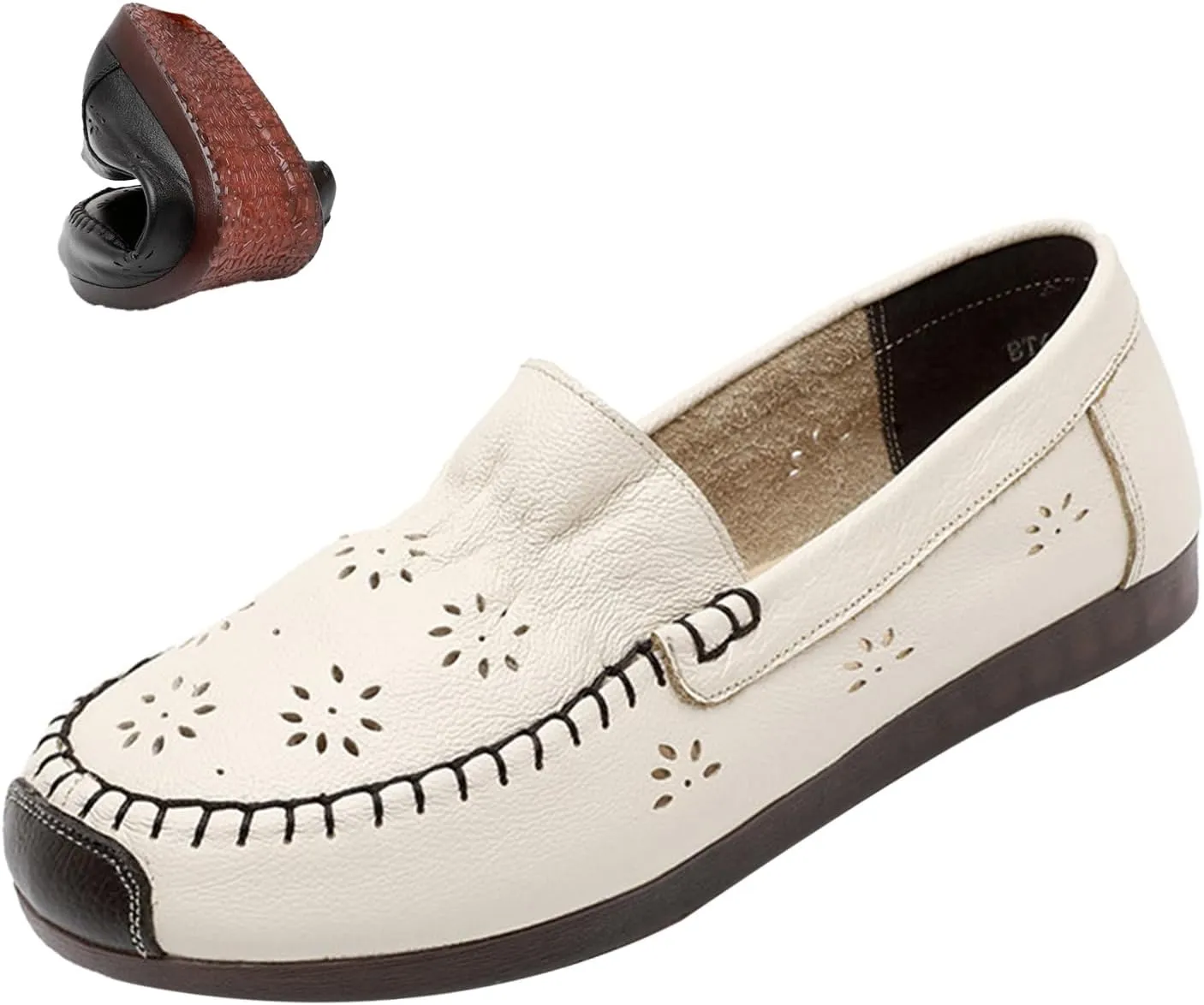 MOYOWEI Women's Leather Ruched Dress Flats Shoes,Summer/Fall Vintage Comfort Non-slip Softsole Oxford Casual Walking Loafers