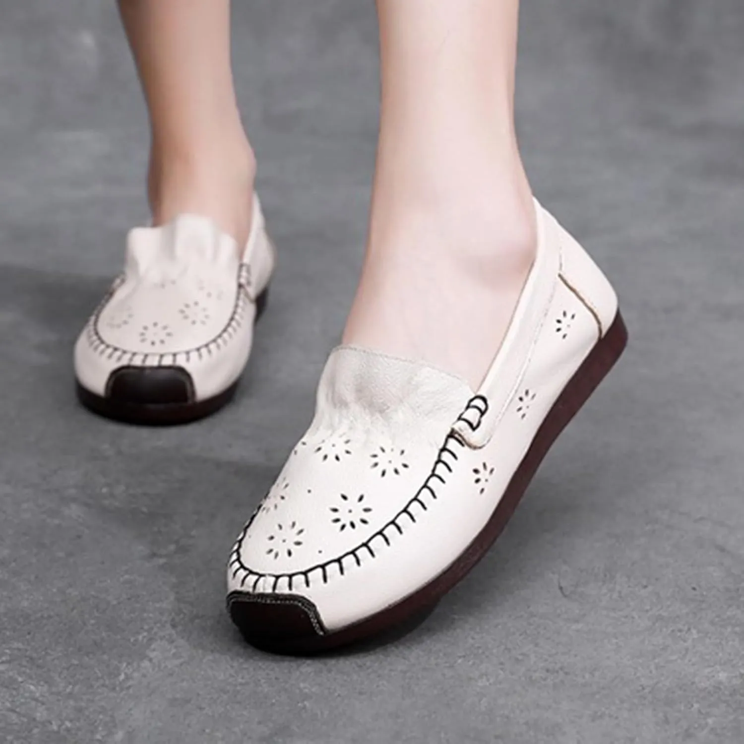 MOYOWEI Women's Leather Ruched Dress Flats Shoes,Summer/Fall Vintage Comfort Non-slip Softsole Oxford Casual Walking Loafers