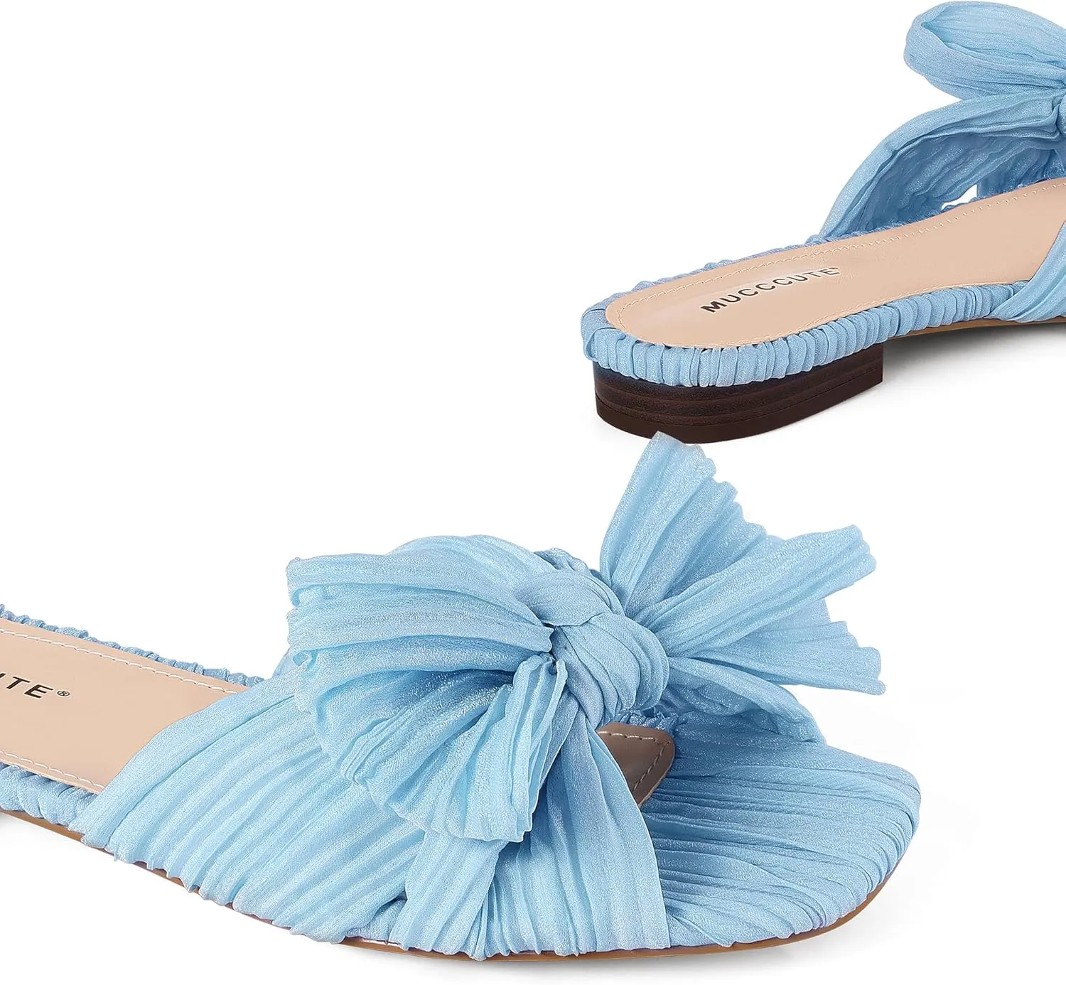 MUCCCUTE Bow Sandals for Women Square Open Toe Flat Sandals Slip on Casual Cute Summer Slides for Vacation Wedding