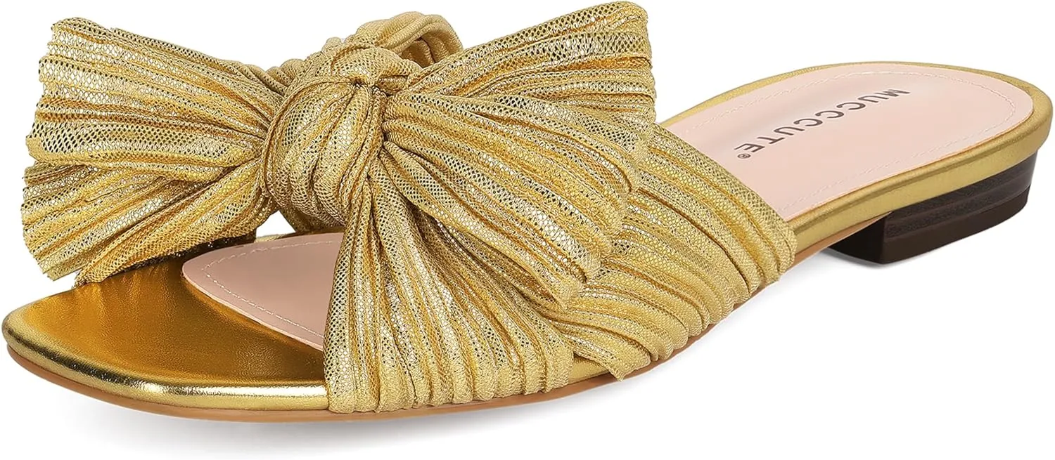 MUCCCUTE Bow Sandals for Women Square Open Toe Flat Sandals Slip on Casual Cute Summer Slides for Vacation Wedding