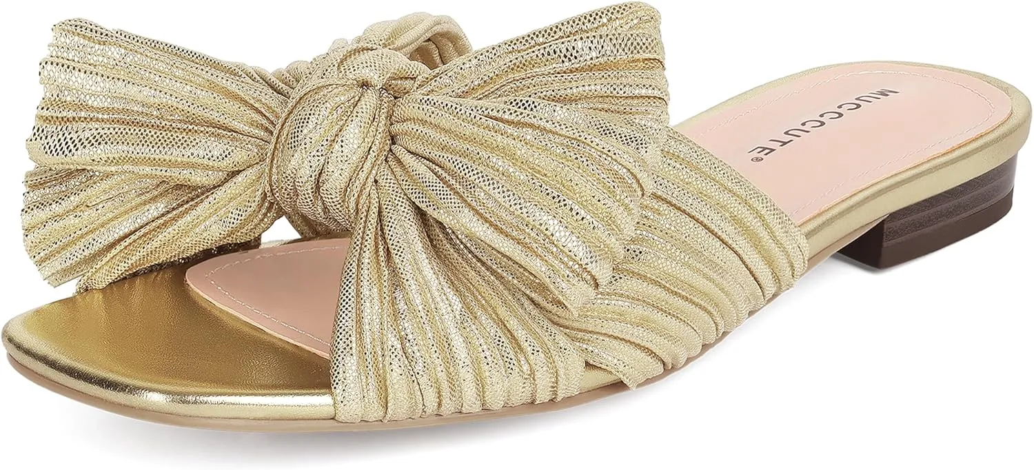 MUCCCUTE Bow Sandals for Women Square Open Toe Flat Sandals Slip on Casual Cute Summer Slides for Vacation Wedding