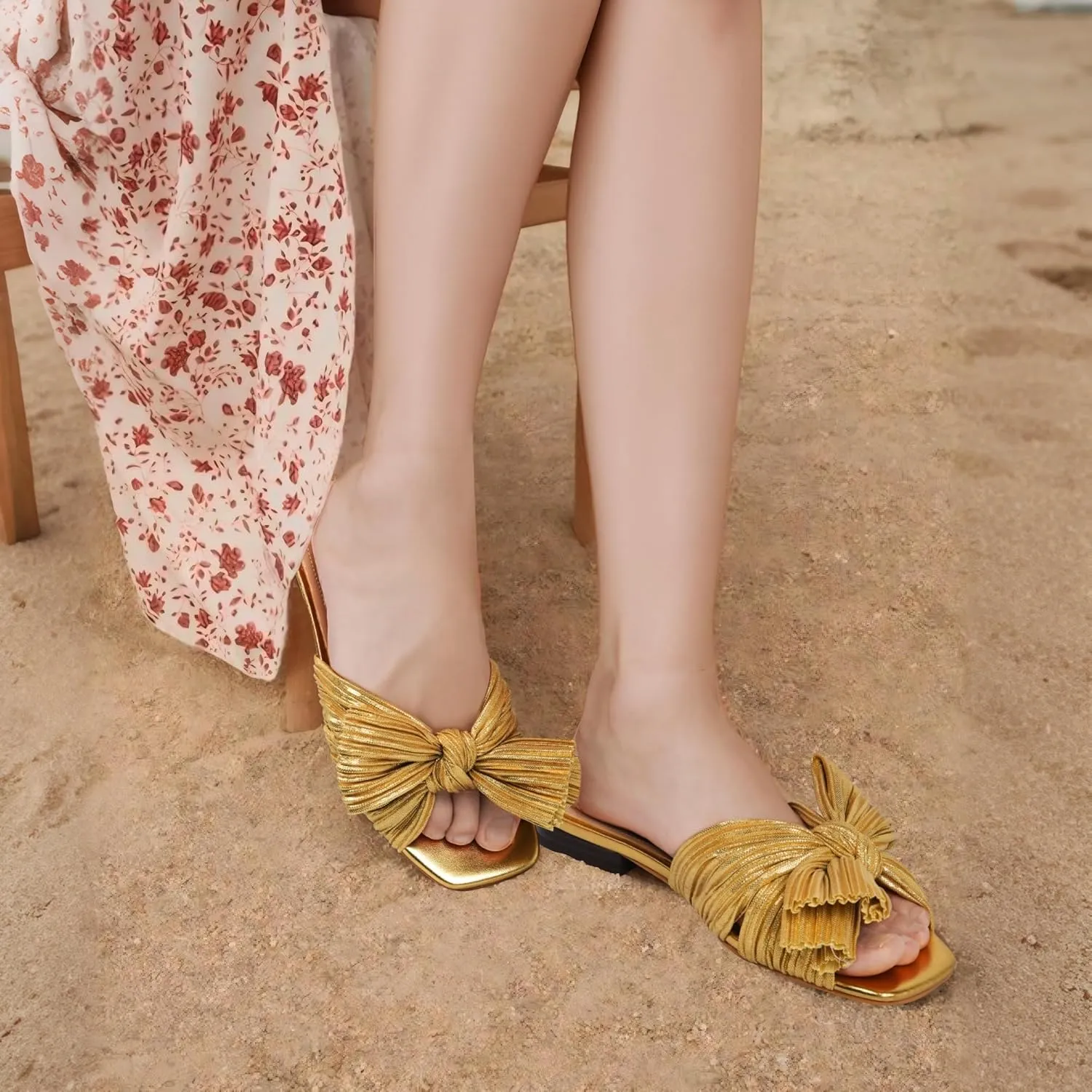 MUCCCUTE Bow Sandals for Women Square Open Toe Flat Sandals Slip on Casual Cute Summer Slides for Vacation Wedding