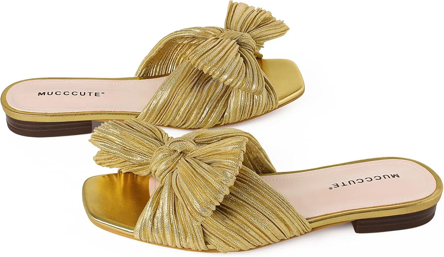 MUCCCUTE Bow Sandals for Women Square Open Toe Flat Sandals Slip on Casual Cute Summer Slides for Vacation Wedding