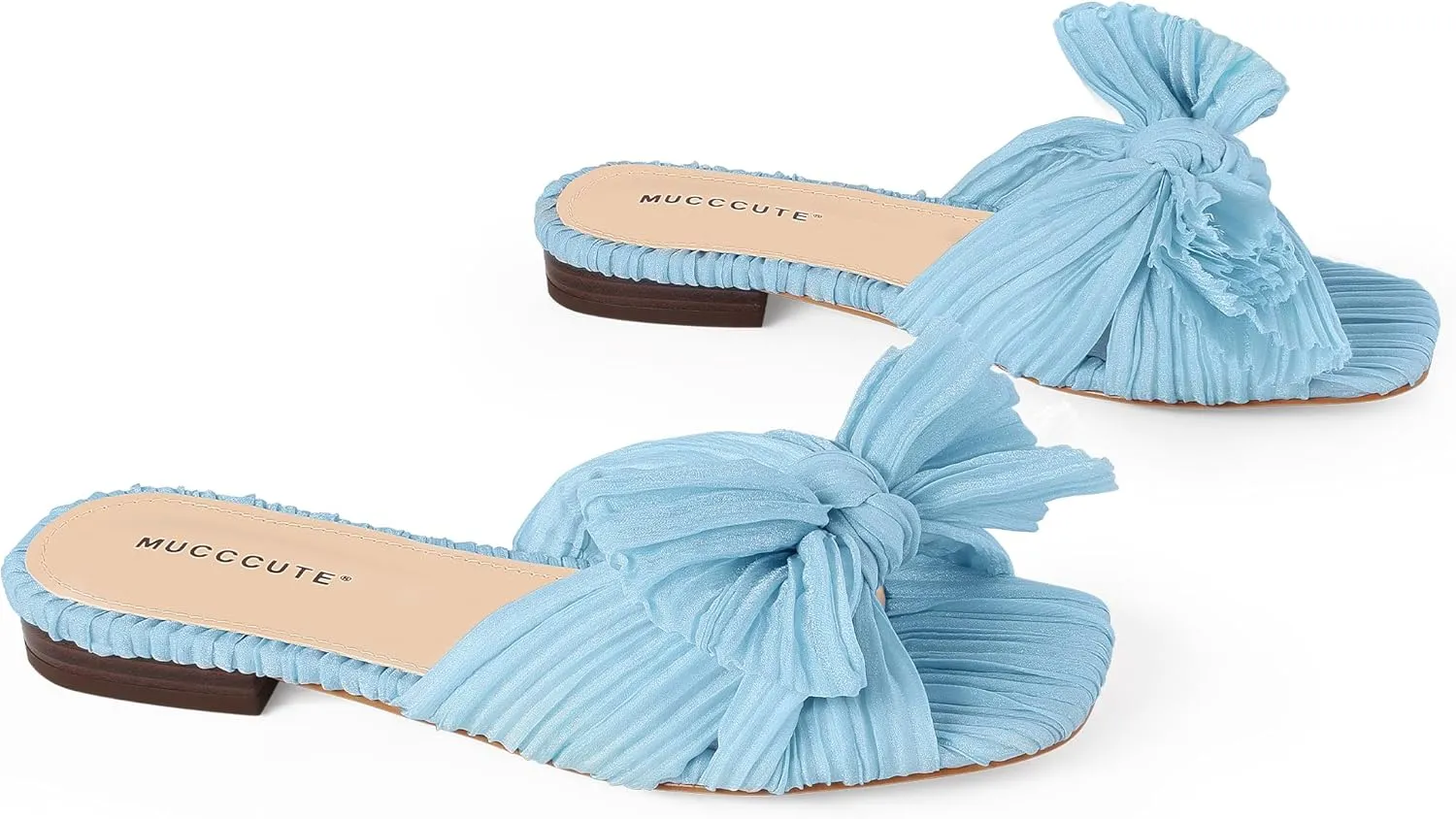 MUCCCUTE Bow Sandals for Women Square Open Toe Flat Sandals Slip on Casual Cute Summer Slides for Vacation Wedding
