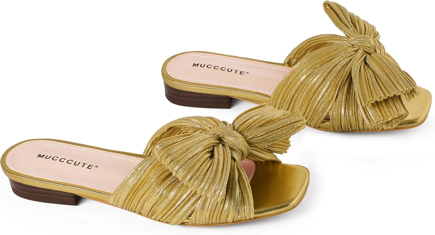 MUCCCUTE Bow Sandals for Women Square Open Toe Flat Sandals Slip on Casual Cute Summer Slides for Vacation Wedding