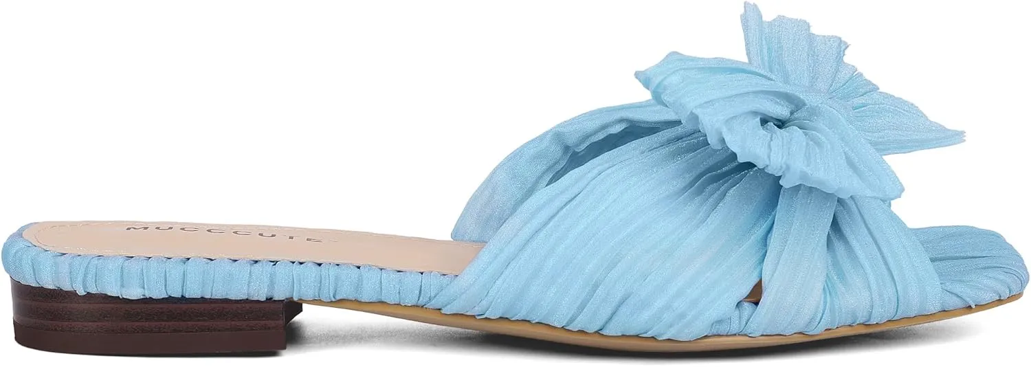MUCCCUTE Bow Sandals for Women Square Open Toe Flat Sandals Slip on Casual Cute Summer Slides for Vacation Wedding