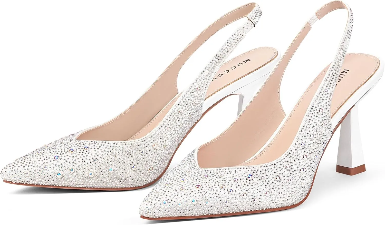 MUCCCUTE Kitten Heels for Women Slingback Heels Closed Toe Pumps Rhinestones Pearls Stiletto Sparkly Bridal Sandals for Wedding Prom Dating