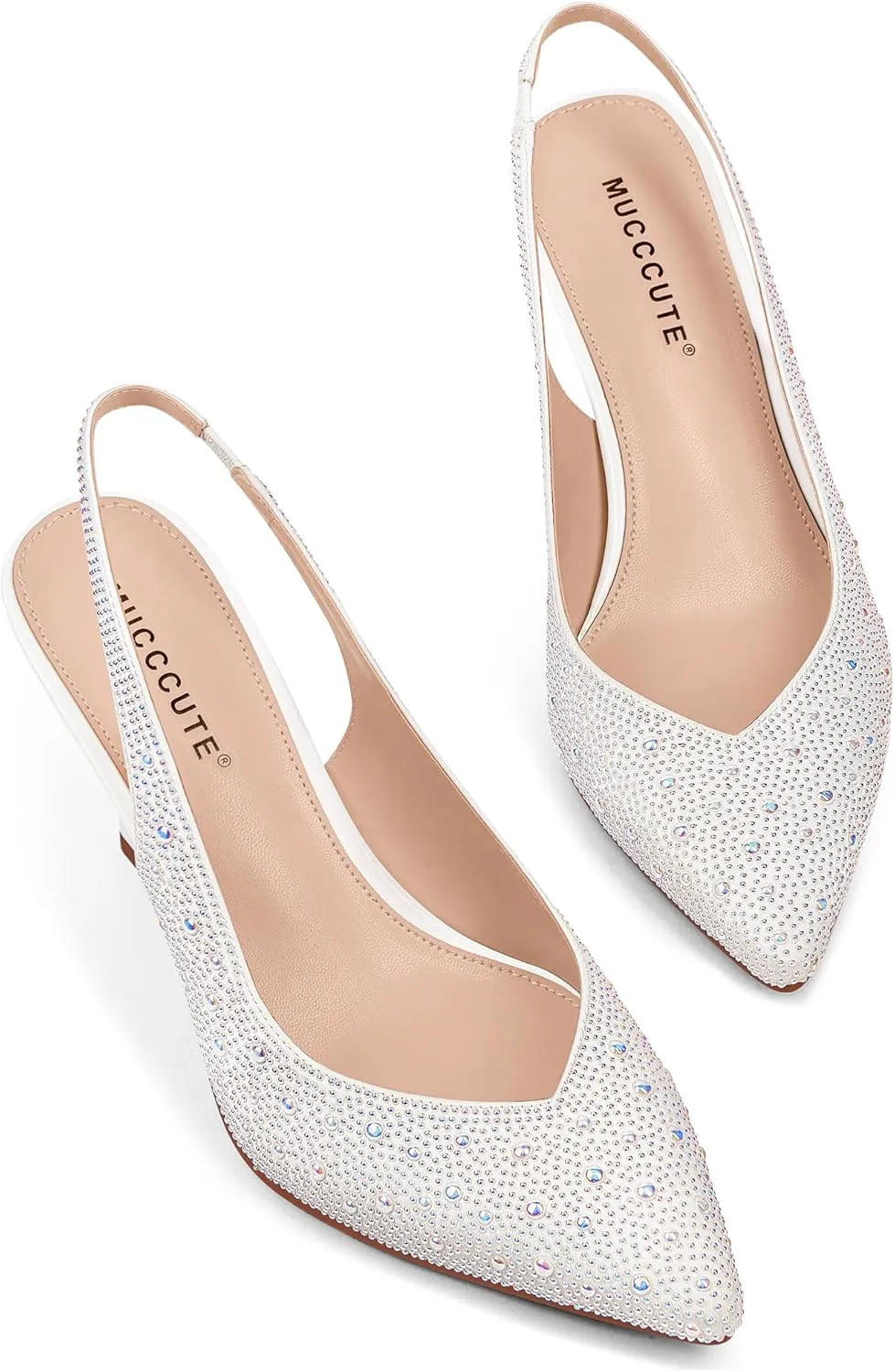 MUCCCUTE Kitten Heels for Women Slingback Heels Closed Toe Pumps Rhinestones Pearls Stiletto Sparkly Bridal Sandals for Wedding Prom Dating