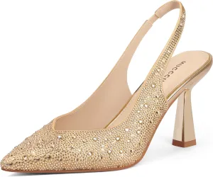 MUCCCUTE Kitten Heels for Women Slingback Heels Closed Toe Pumps Rhinestones Pearls Stiletto Sparkly Bridal Sandals for Wedding Prom Dating