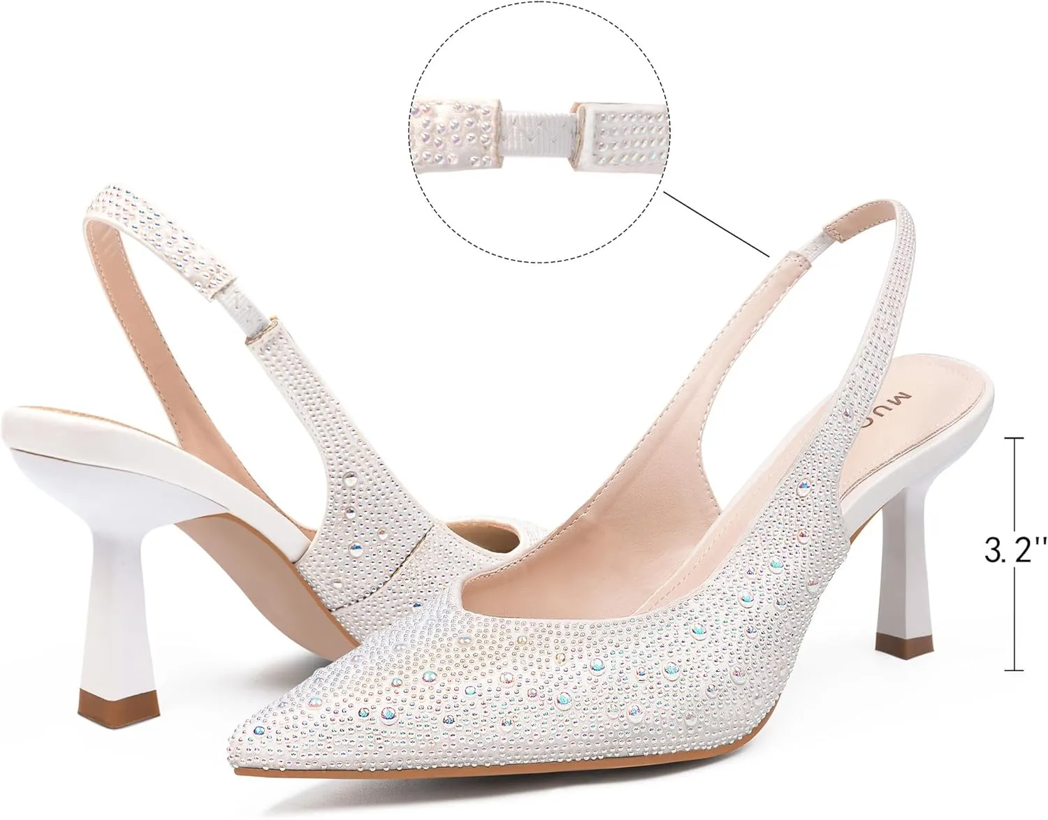 MUCCCUTE Kitten Heels for Women Slingback Heels Closed Toe Pumps Rhinestones Pearls Stiletto Sparkly Bridal Sandals for Wedding Prom Dating