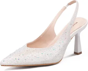 MUCCCUTE Kitten Heels for Women Slingback Heels Closed Toe Pumps Rhinestones Pearls Stiletto Sparkly Bridal Sandals for Wedding Prom Dating