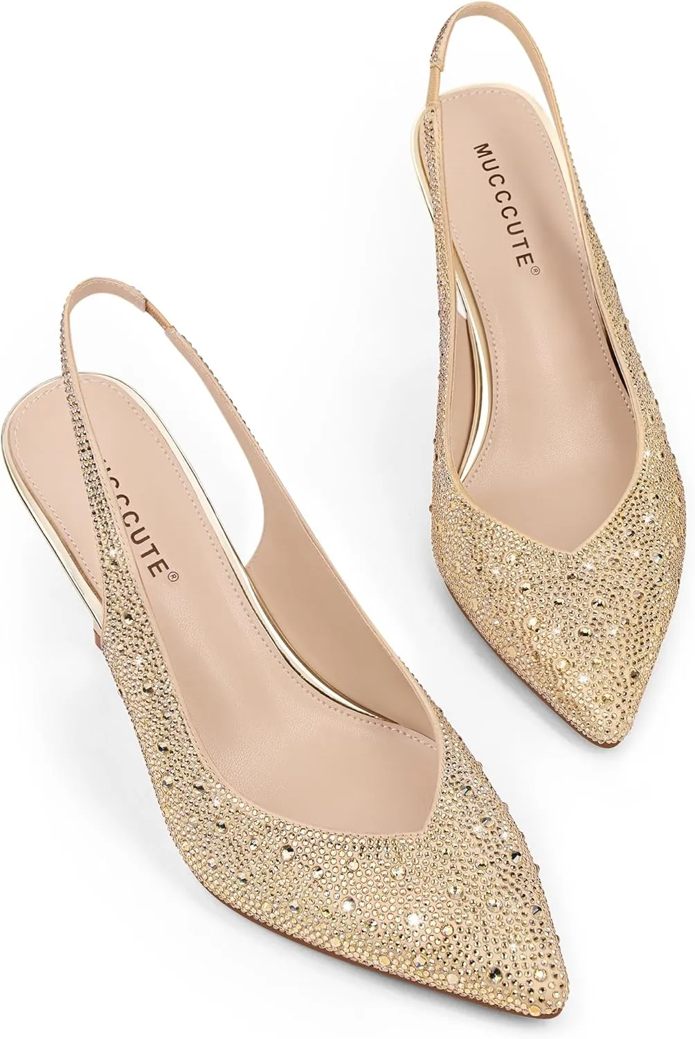 MUCCCUTE Kitten Heels for Women Slingback Heels Closed Toe Pumps Rhinestones Pearls Stiletto Sparkly Bridal Sandals for Wedding Prom Dating