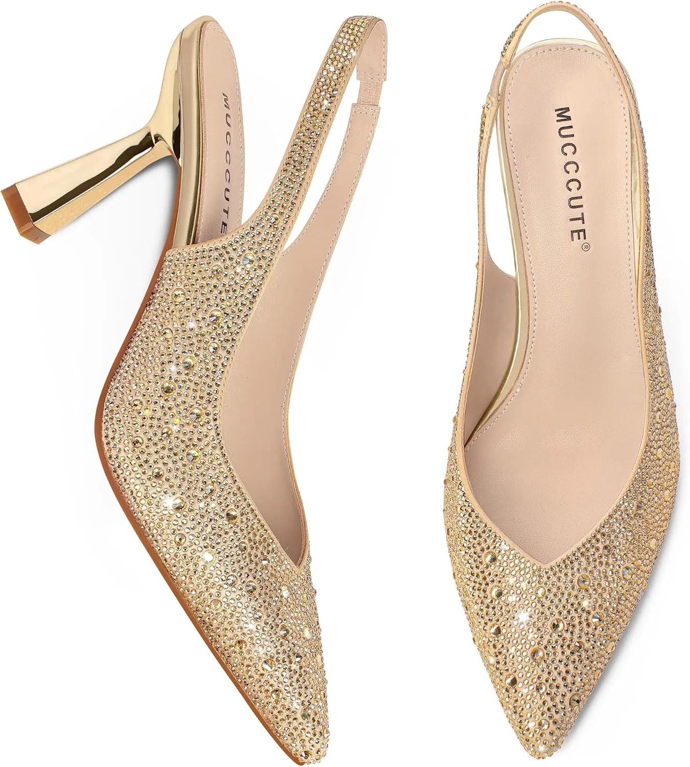 MUCCCUTE Kitten Heels for Women Slingback Heels Closed Toe Pumps Rhinestones Pearls Stiletto Sparkly Bridal Sandals for Wedding Prom Dating