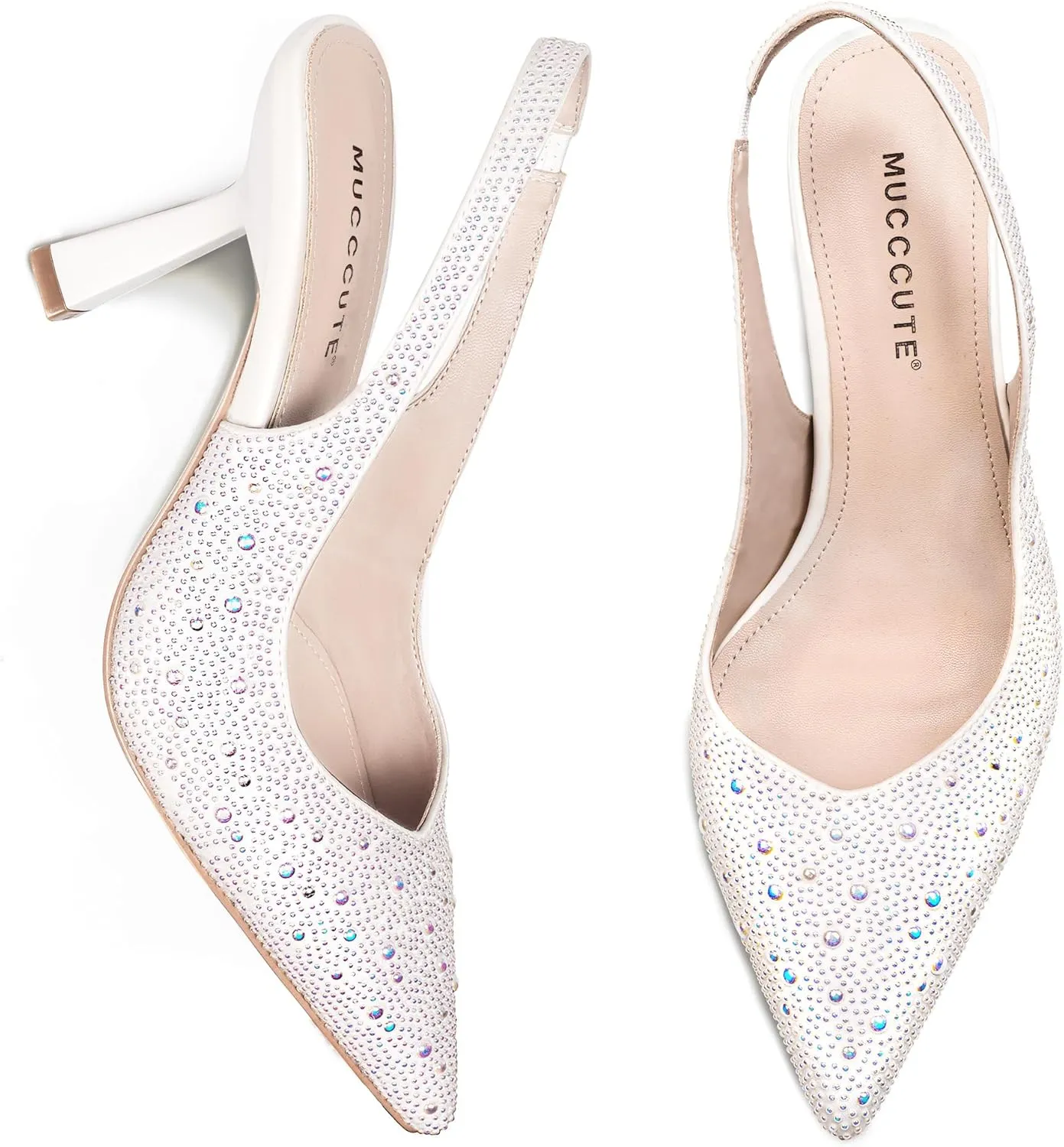 MUCCCUTE Kitten Heels for Women Slingback Heels Closed Toe Pumps Rhinestones Pearls Stiletto Sparkly Bridal Sandals for Wedding Prom Dating