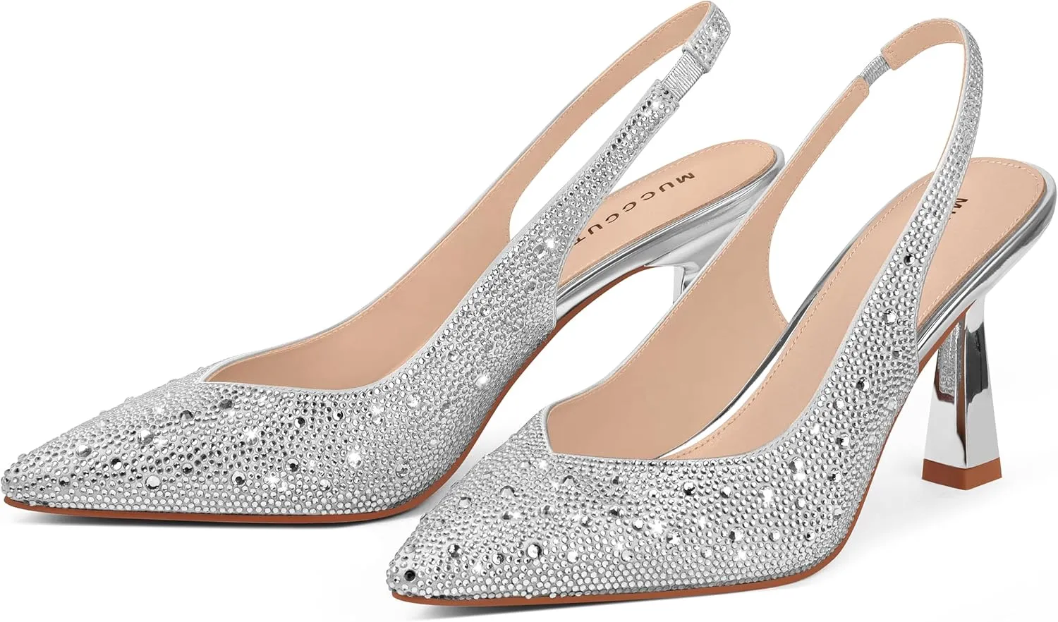 MUCCCUTE Kitten Heels for Women Slingback Heels Pointed Toe Pumps Rhinestones Pearls Stiletto Sparkly Bridal Sandals for Wedding Prom Dating