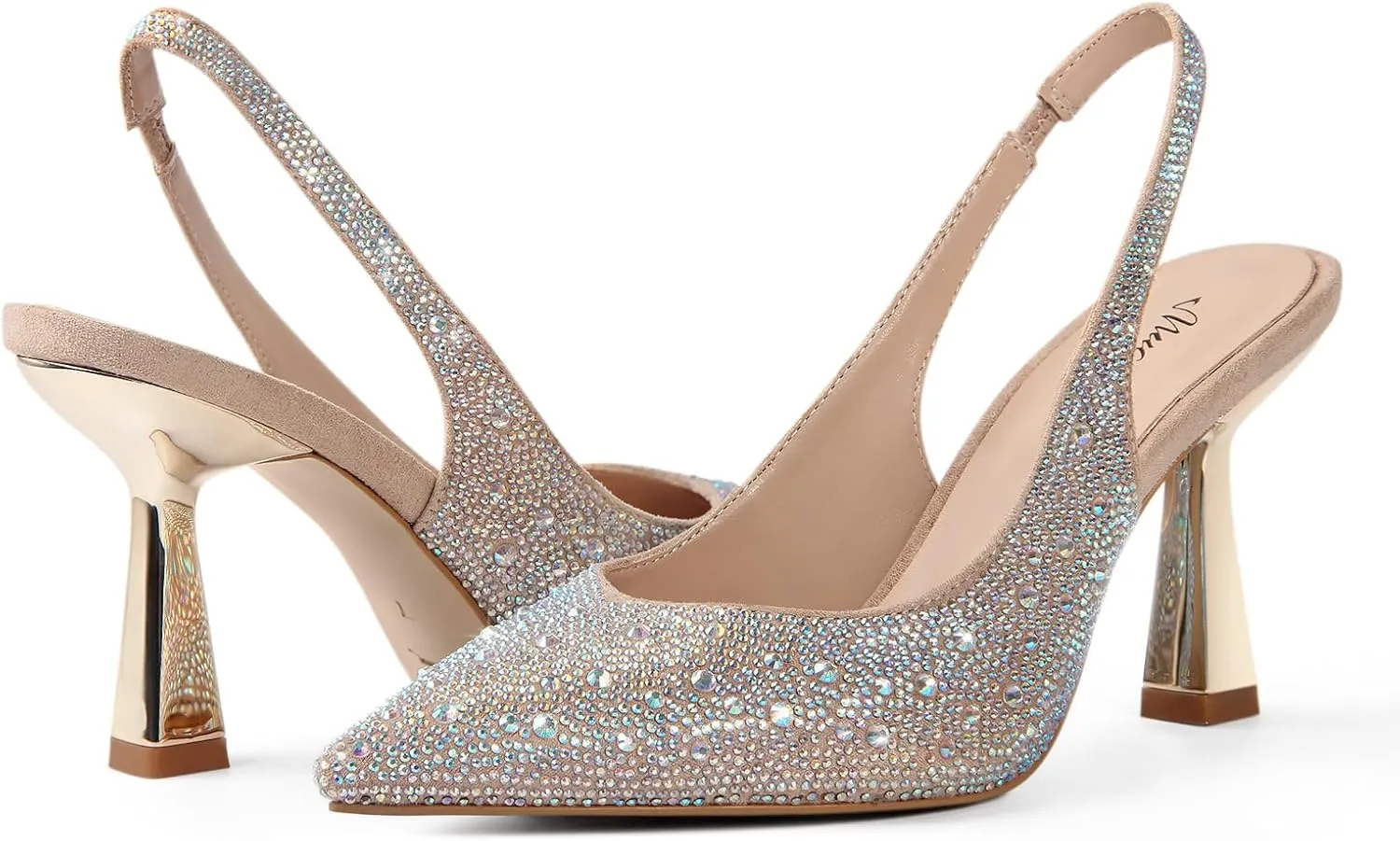 MUCCCUTE Kitten Heels for Women Slingback Heels Pointed Toe Pumps Rhinestones Pearls Stiletto Sparkly Bridal Sandals for Wedding Prom Dating