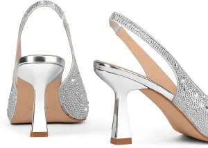 MUCCCUTE Kitten Heels for Women Slingback Heels Pointed Toe Pumps Rhinestones Pearls Stiletto Sparkly Bridal Sandals for Wedding Prom Dating